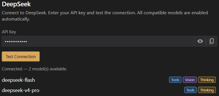 DeepSeek provider setup in iolys showing a successful connection and deepseek-flash with Tools, Vision, and Thinking capabilities.