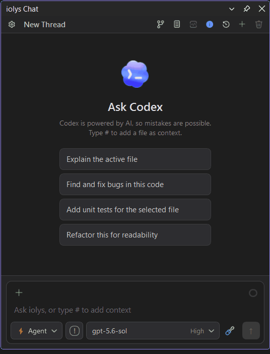 iolys Chat running Codex inside Visual Studio 2026