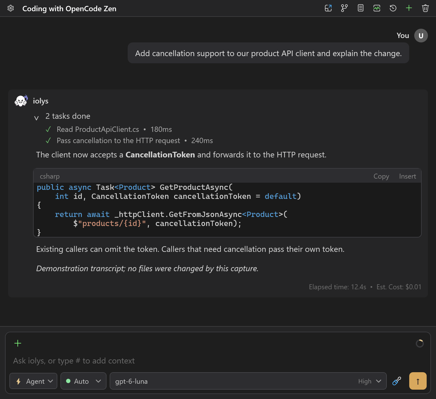 An OpenCode Zen demonstration conversation in Visual Studio showing tool activity and an estimated turn cost.